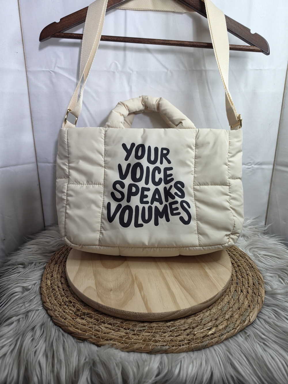 Target Cream Quilted Shoulder Bag with Black Quote Print